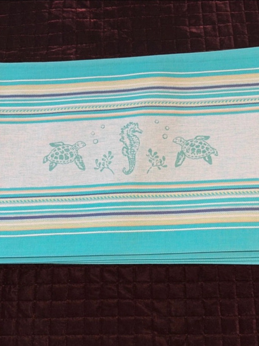 Coastal Turquoise Table Runner with Seahorse & Turtle Motif